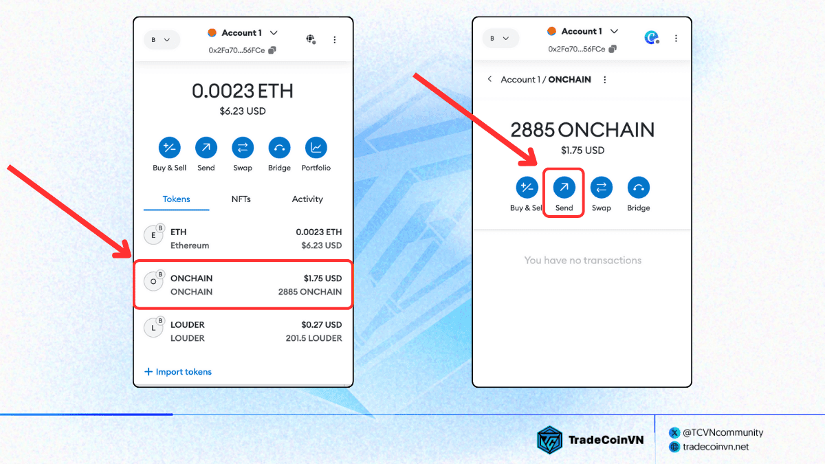 Chọn tài sản và nhấn Send để gửi tài sản trên Metamask