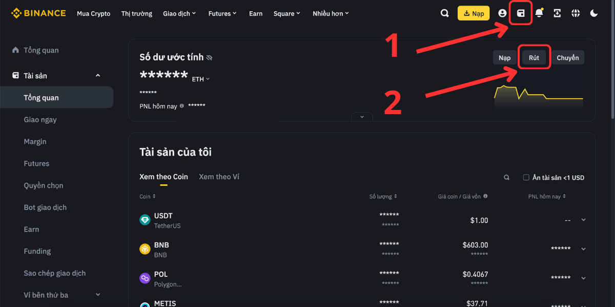 Vào Tổng quan ví trên Binance và chọn Rút