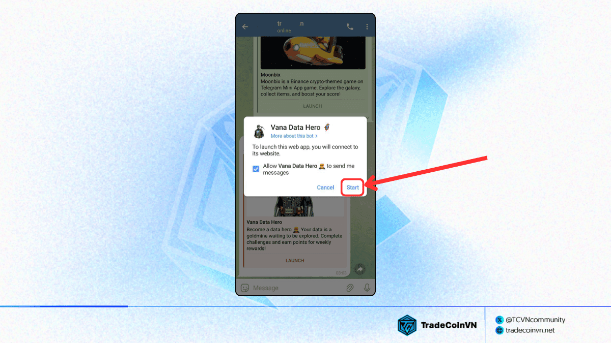 Nhấn Start để bắt đầu chơi mini app Vana