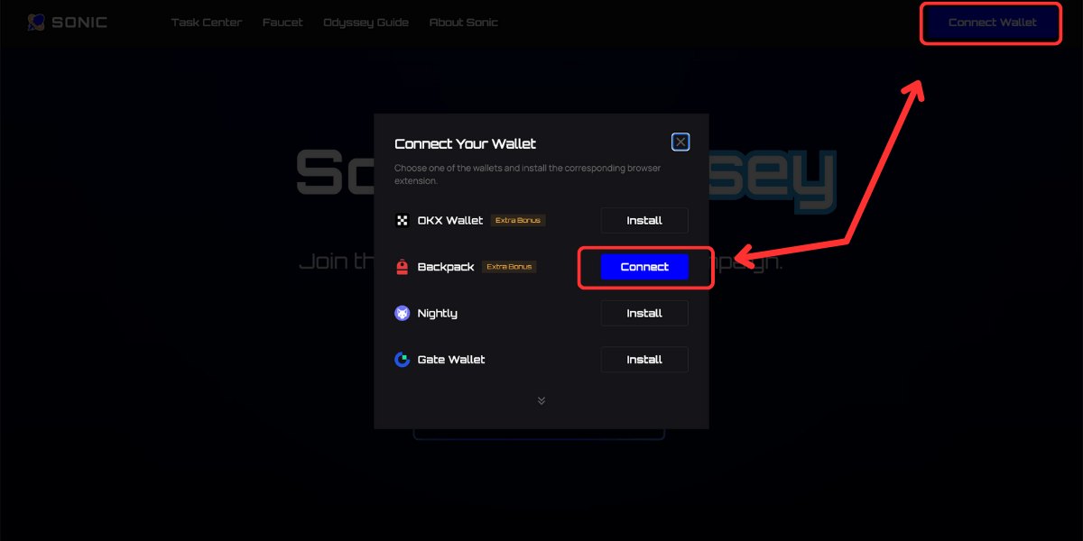 Kết nối ví Backpack với Sonic Odyssey Testnet