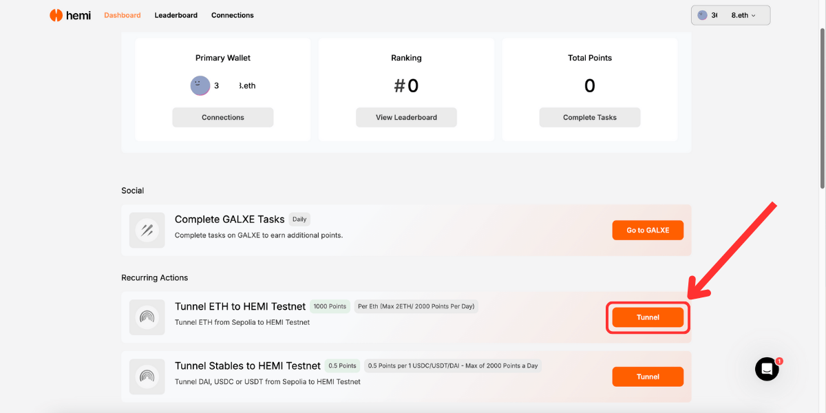 Chọn Tunnel ở nhiệm vụ bridge ETH sang Hemi Testnet