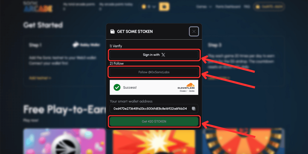 Kết nối tài khoản X để nhận faucet TOKEN test trên Sonic Arcade