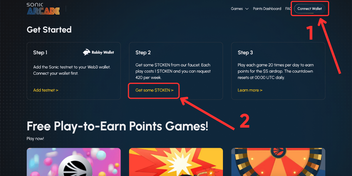 Nhấn Get some $TOKEN để faucet token test Sonic Arcade