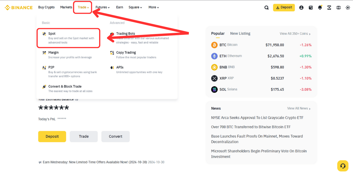 Truy cập vào tính năng giao dịch Spot trên Binance