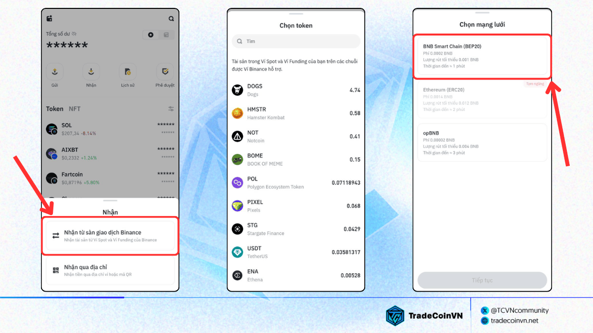 Chọn tài sản và mạng lưới muốn chuyển tài sản từ Binance