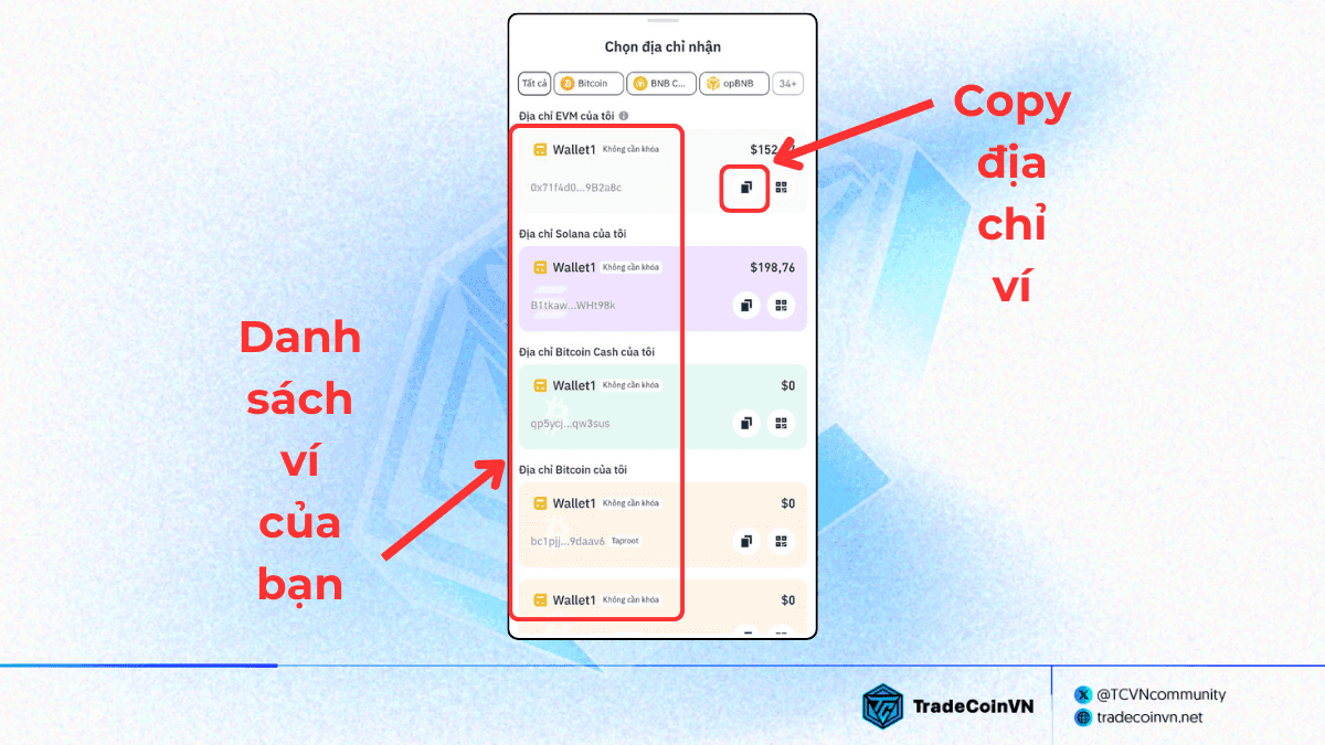 Copy địa chỉ ví để chuyển tài sản vào Binance Wallet