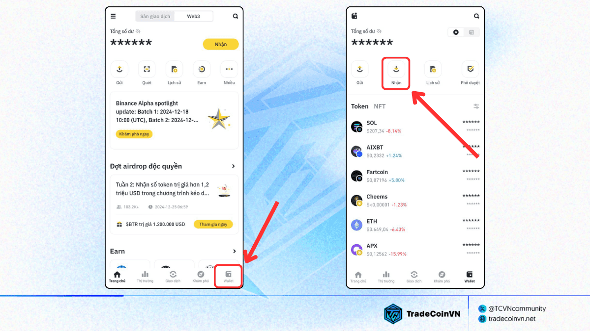 Nhấn vào nút Nhận trên Binance Wallet