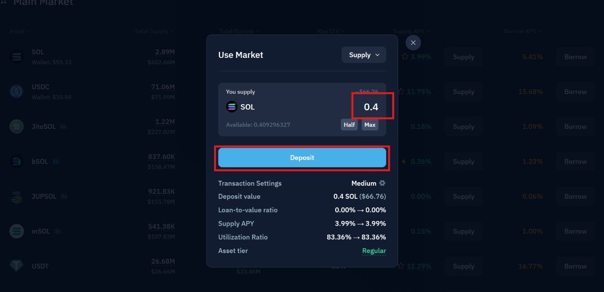 Nhập số tiền muốn cho vay và ấn “Deposit”