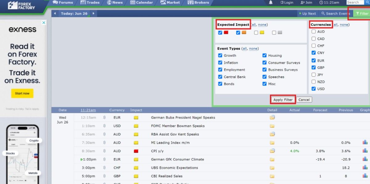 Cách sử dụng bộ lọc trong Forex Factory