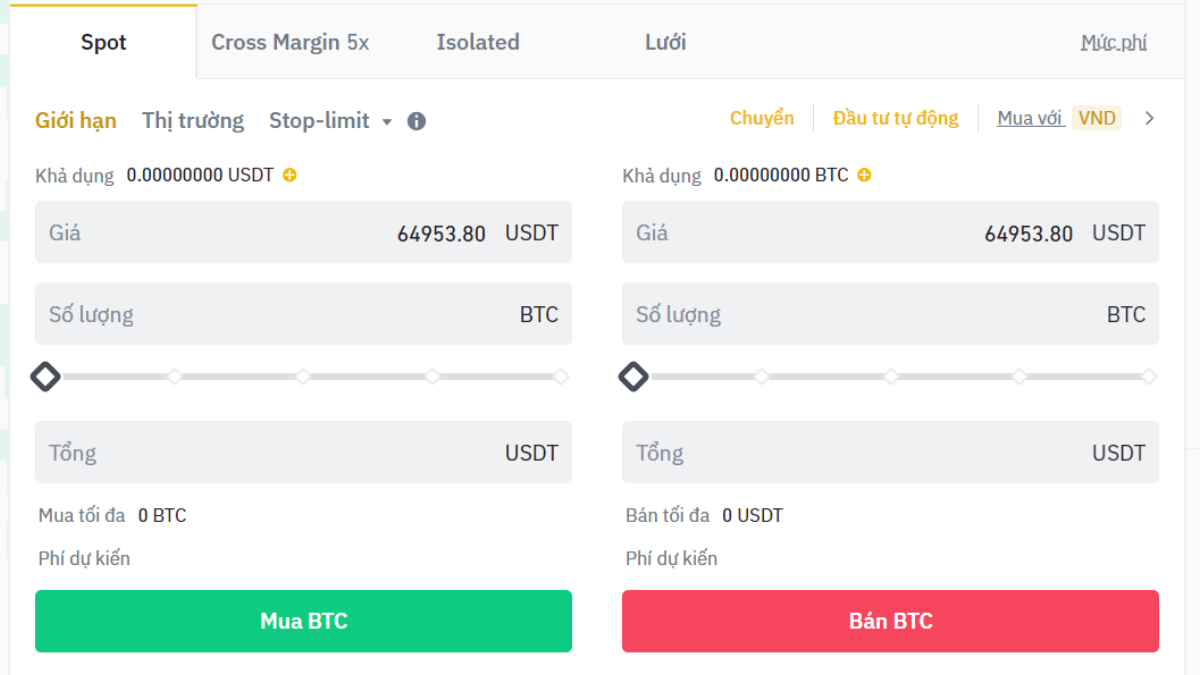 Giao diện sàn Binance khi thực hiện mua bán Crypto