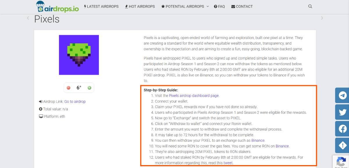 Minh họa một số hướng dẫn Airdrop dự án Pixels