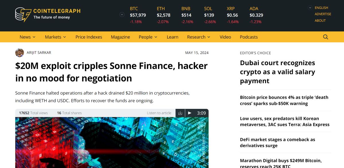 Bài viết của Cointelegraph về vụ hack của Sonne Finance