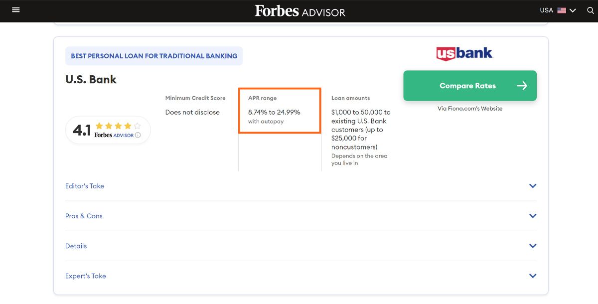 Thống kê của Forbes về U.S Bank