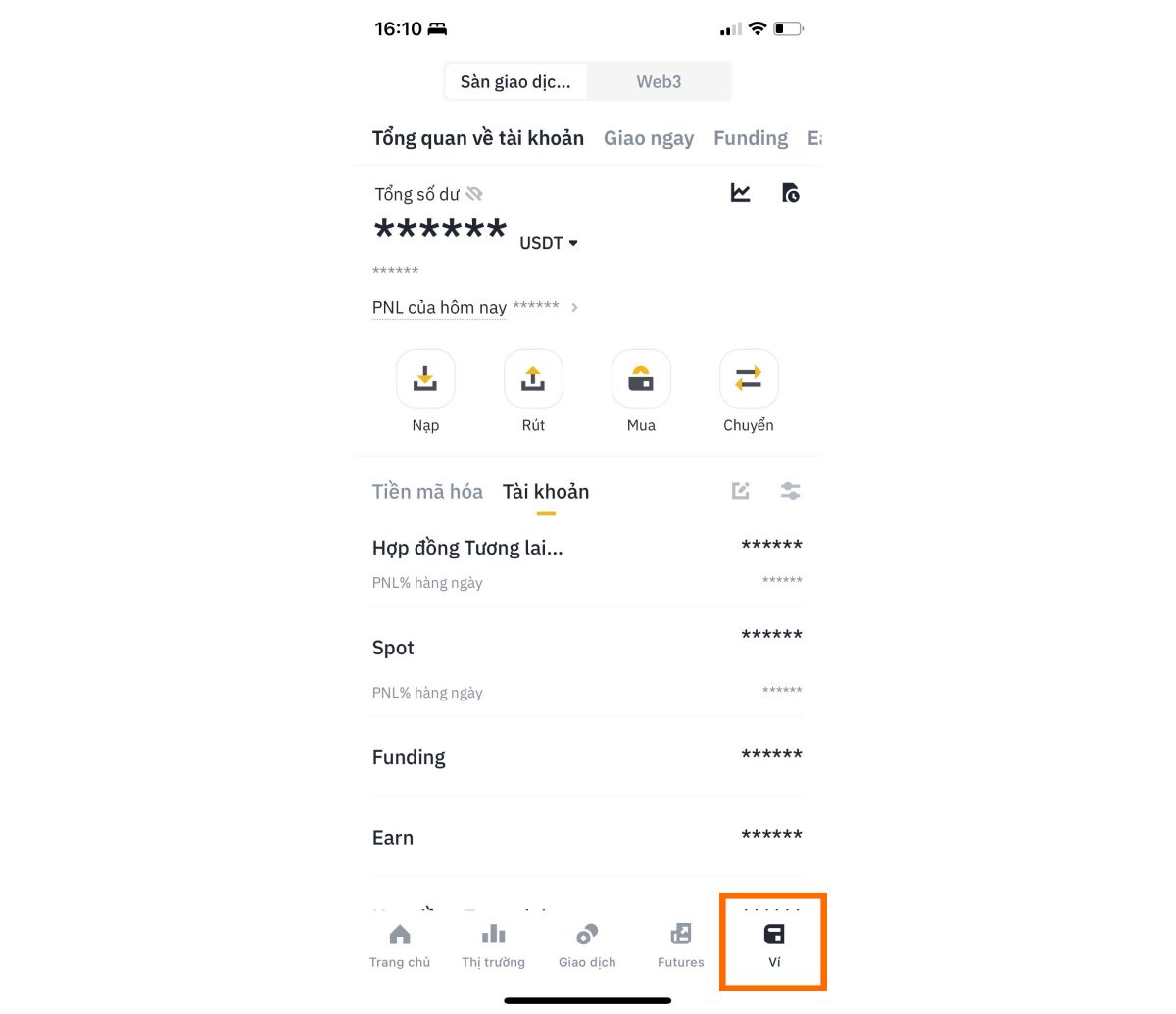 Giao diện ví trên Binance