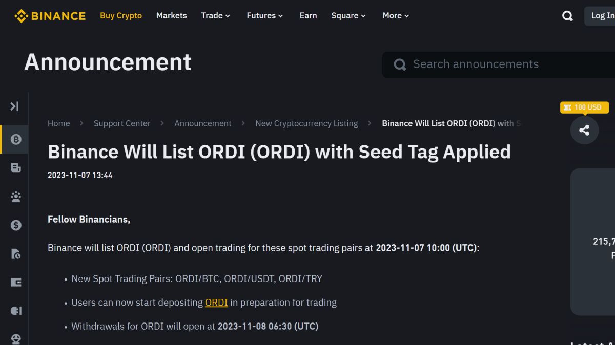 Thông báo list ORDI của Binance