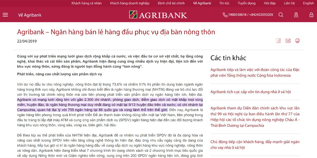 Mạng lưới gần 2.300 chi nhánh của Agribank