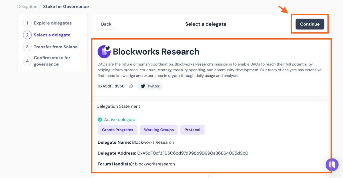 Bước 7: Đọc kỹ thông tin của delegator và chọn “Continue”