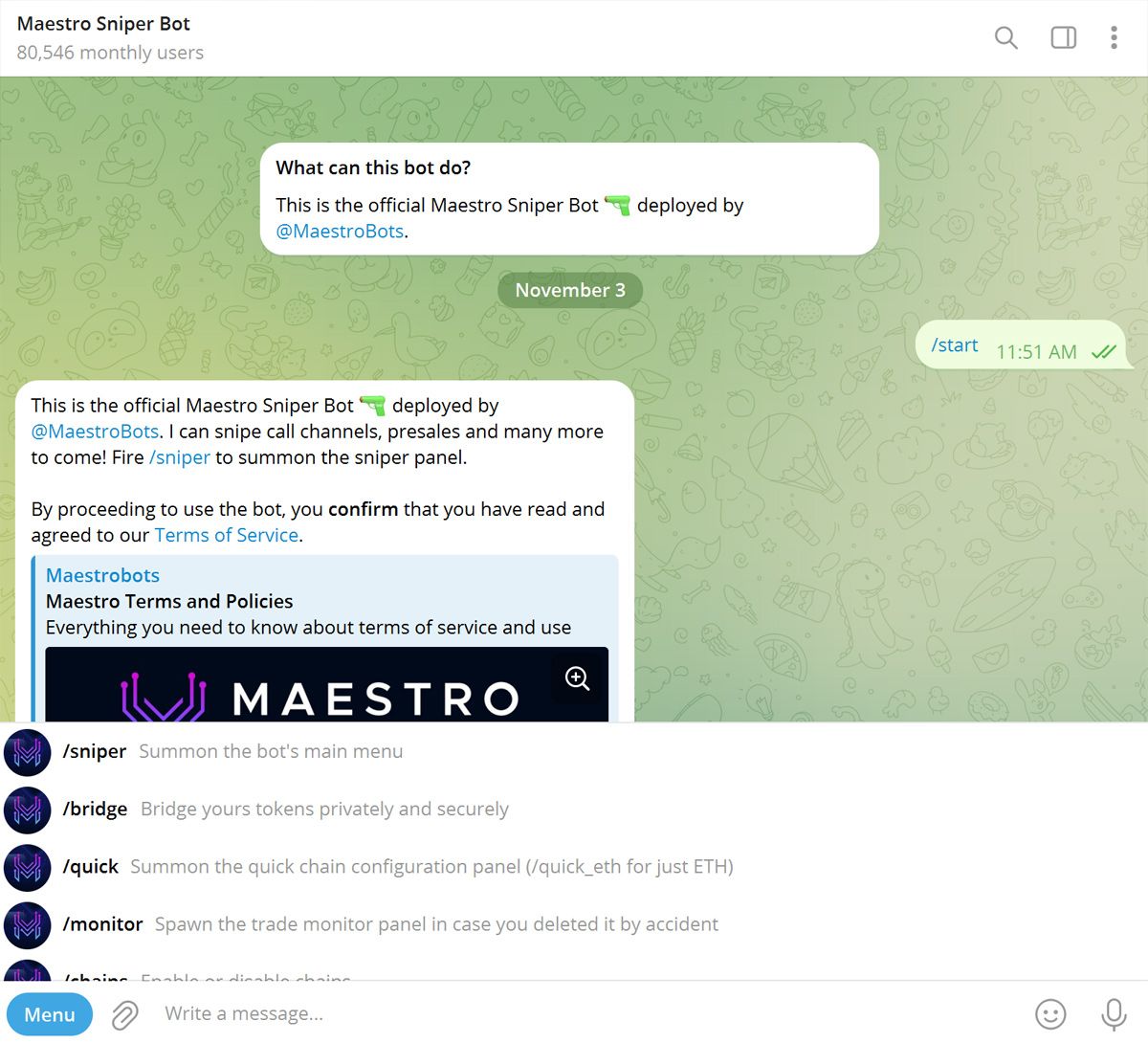 Giao diện Maestro trên Telegram