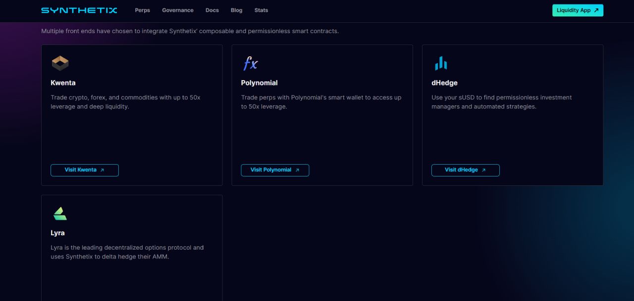 Các DEX đang được Synthetix hỗ trợ gồm Kwenta, Polynomial, dHedge và Lyra
