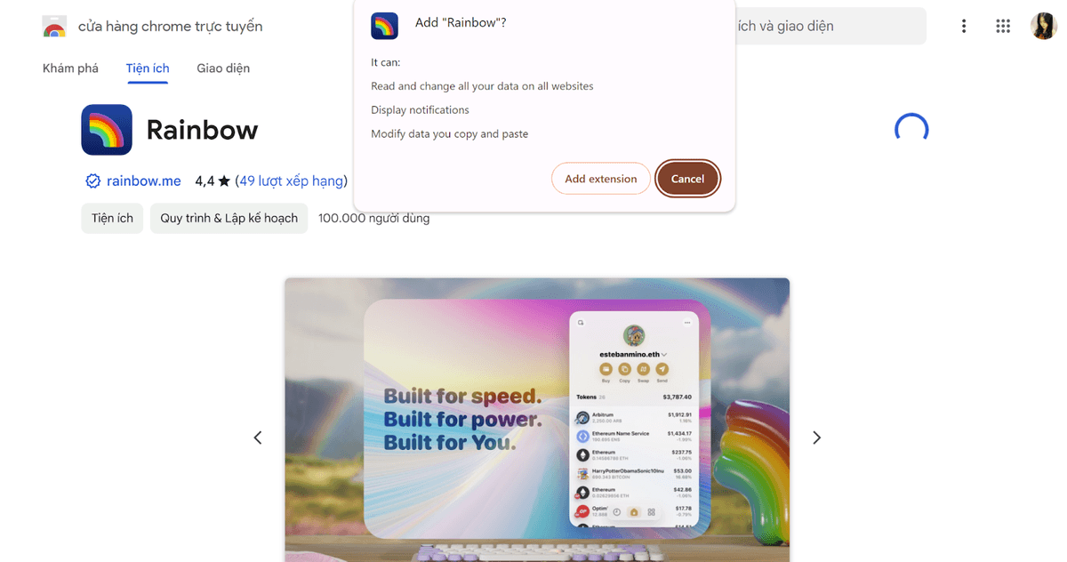 Đợi hệ thống add Rainbow Wallet vào máy