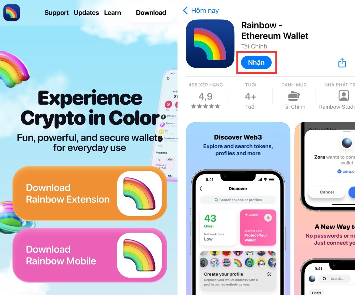 Tải ứng dụng Rainbow Wallet trên AppStore hoặc CH Play