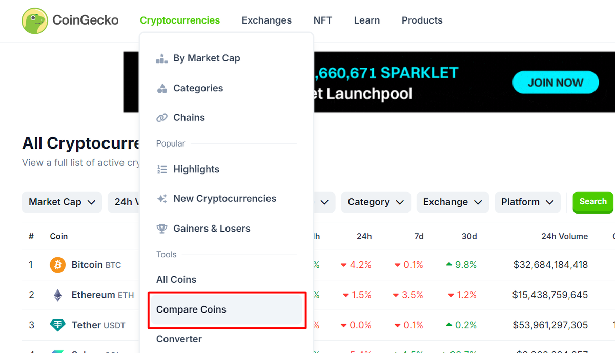 Công cụ hỗ trợ nghiên cứu thị trường (Tools/Compare Coins)