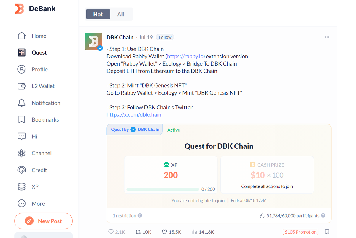 Trên DeBank có rất nhiều quest đơn giản với phần thưởng hấp dẫn