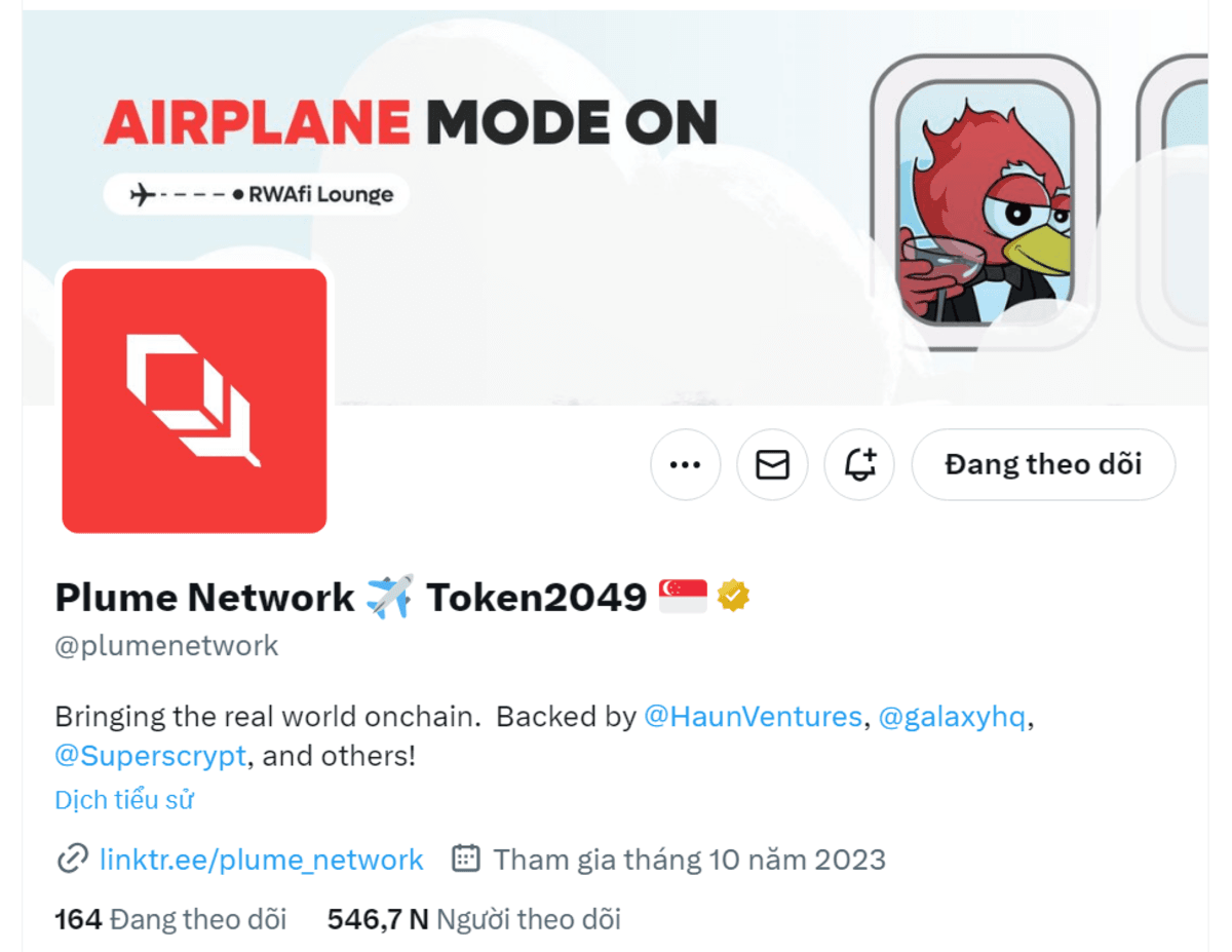 Tài khoản X dự án Plume Network