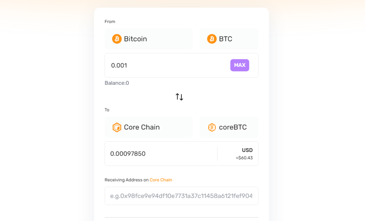 Giao diện tính năng coreBTC